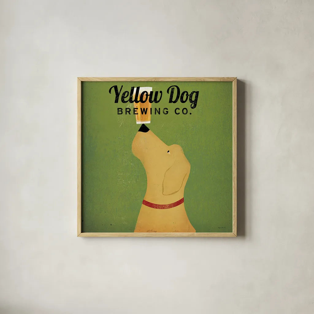 Yellow Dog Brewing Co Square by Ryan Fowler. Shown in a natural wood glass frame for a timeless modern aesthetic. Available as an archival giclee rolled canvas, fine art paper, or poster print. SKU 9816a.