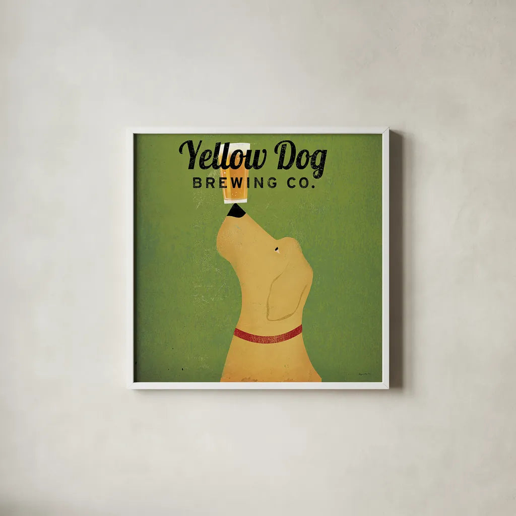 Yellow Dog Brewing Co Square by Ryan Fowler. Shown in a crisp white glass frame for a clean and minimalist style. Available as an archival giclee rolled canvas, fine art paper, or poster print. SKU 9816a.