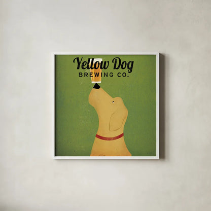 Yellow Dog Brewing Co Square by Ryan Fowler. Shown in a crisp white glass frame for a clean and minimalist style. Available as an archival giclee rolled canvas, fine art paper, or poster print. SKU 9816a.
