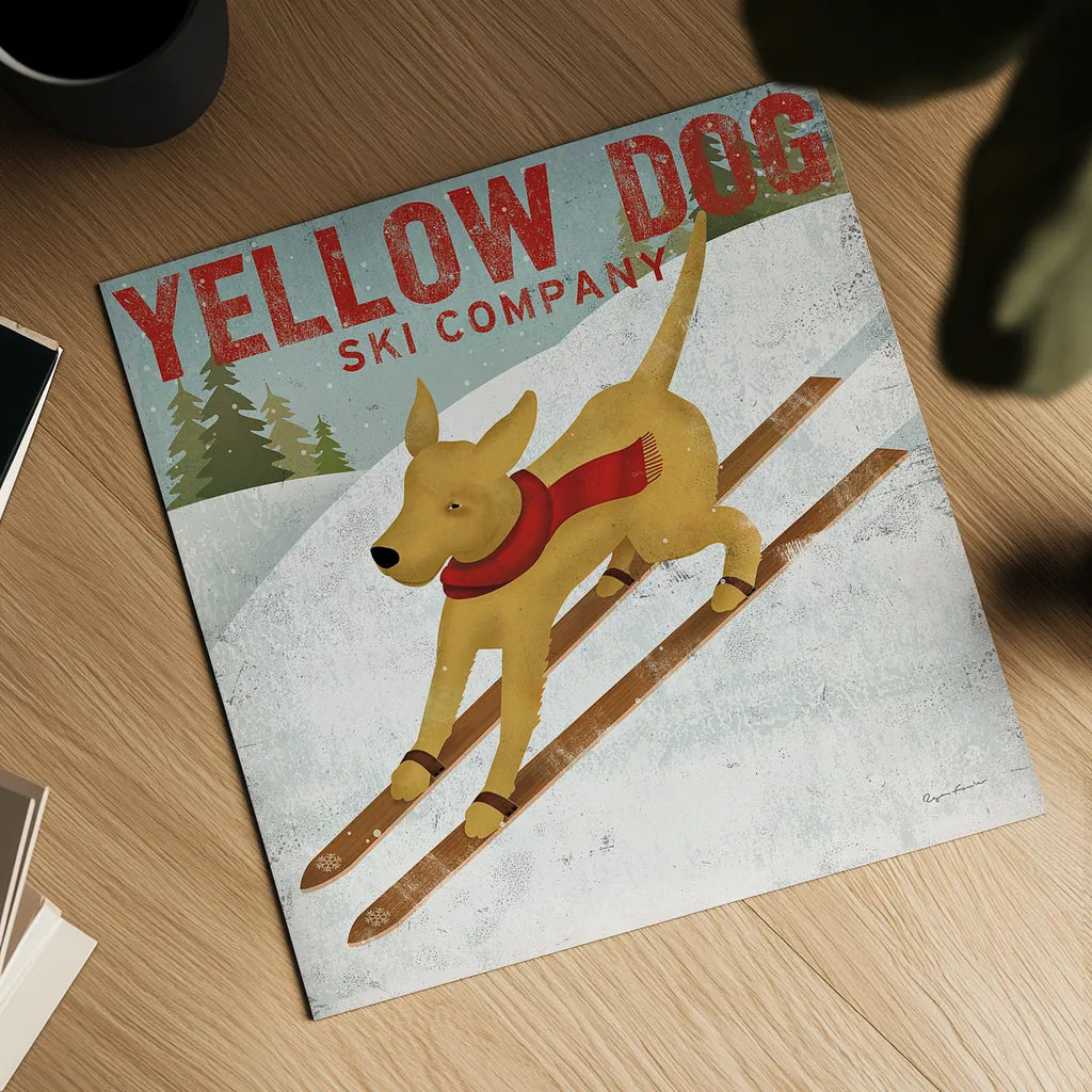 Yellow Dog Ski Co by Ryan Fowler. Shown as a detailed flat fine art print, highlighting archival giclee quality. Available as an archival giclee rolled canvas, fine art paper, or poster print. SKU 13237a.