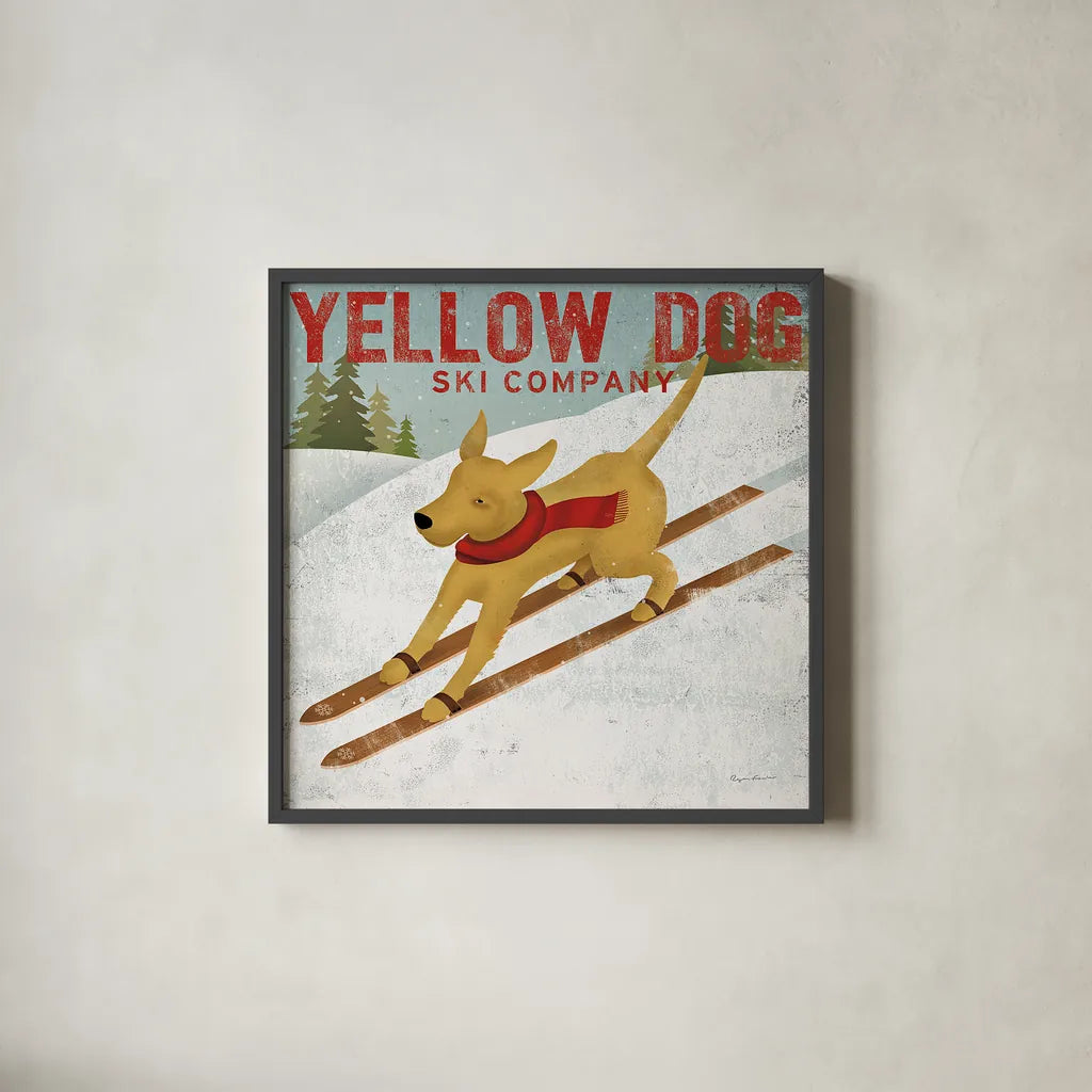 Yellow Dog Ski Co by Ryan Fowler. Shown in a sleek black glass frame for a contemporary gallery look. Available as an archival giclee rolled canvas, fine art paper, or poster print. SKU 13237a.