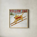 Yellow Dog Ski Co by Ryan Fowler. Shown in a natural wood glass frame for a timeless modern aesthetic. Available as an archival giclee rolled canvas, fine art paper, or poster print. SKU 13237a.