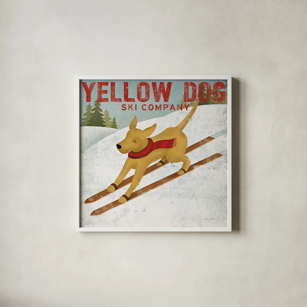 Yellow Dog Ski Co by Ryan Fowler. Shown in a crisp white glass frame for a clean and minimalist style. Available as an archival giclee rolled canvas, fine art paper, or poster print. SKU 13237a.