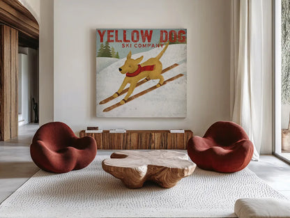 Yellow Dog Ski Co by Ryan Fowler. Shown as extra-large giant wall art in a modern living room. Available as an archival giclee rolled canvas, fine art paper, or poster print. SKU 13237a.