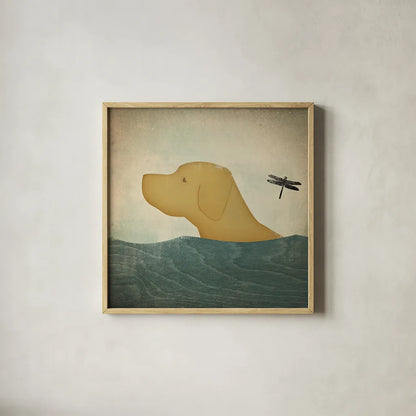 Yellow Dog Swim by Ryan Fowler. Shown in a natural wood glass frame for a timeless modern aesthetic. Available as an archival giclee rolled canvas, fine art paper, or poster print. SKU 29763a.