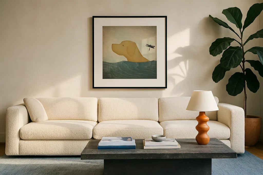 Yellow Dog Swim by Ryan Fowler. Displayed in a glass frame with matte in a clean modern living room. Available as an archival giclee rolled canvas, fine art paper, or poster print. SKU 29763a.