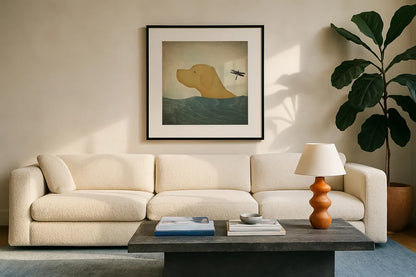 Yellow Dog Swim by Ryan Fowler. Displayed in a glass frame with matte in a clean modern living room. Available as an archival giclee rolled canvas, fine art paper, or poster print. SKU 29763a.