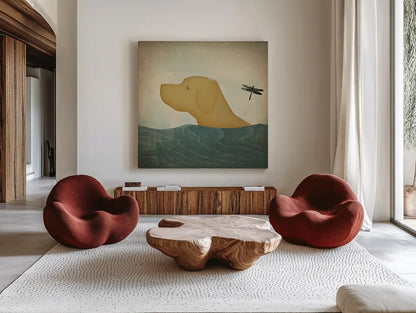 Yellow Dog Swim by Ryan Fowler. Shown as extra-large giant wall art in a modern living room. Available as an archival giclee rolled canvas, fine art paper, or poster print. SKU 29763a.