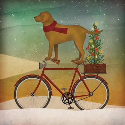 Yellow Lab on Bike Christmas by Ryan Fowler. SKU 31274a. Archival Giclee Fine art print for wall decor.