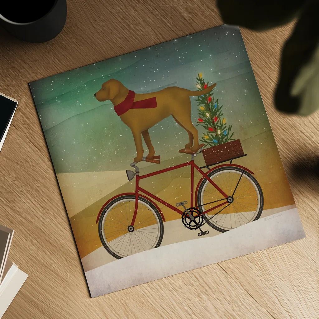 Yellow Lab on Bike Christmas by Ryan Fowler. Shown as a detailed flat fine art print, highlighting archival giclee quality. Available as an archival giclee rolled canvas, fine art paper, or poster print. SKU 31274a.