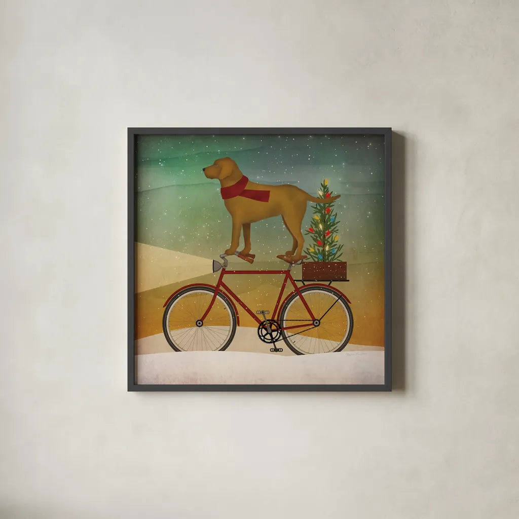 Yellow Lab on Bike Christmas by Ryan Fowler. Shown in a sleek black glass frame for a contemporary gallery look. Available as an archival giclee rolled canvas, fine art paper, or poster print. SKU 31274a.