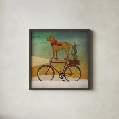 Yellow Lab on Bike Christmas by Ryan Fowler. Shown in a sleek black glass frame for a contemporary gallery look. Available as an archival giclee rolled canvas, fine art paper, or poster print. SKU 31274a.