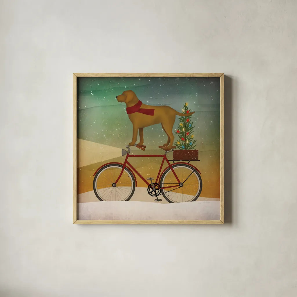 Yellow Lab on Bike Christmas by Ryan Fowler. Shown in a natural wood glass frame for a timeless modern aesthetic. Available as an archival giclee rolled canvas, fine art paper, or poster print. SKU 31274a.