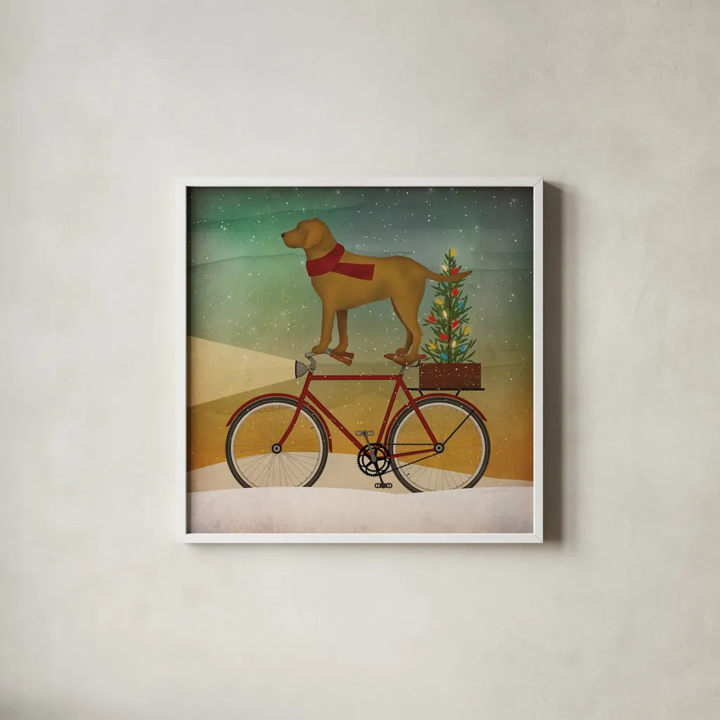Yellow Lab on Bike Christmas by Ryan Fowler. Shown in a crisp white glass frame for a clean and minimalist style. Available as an archival giclee rolled canvas, fine art paper, or poster print. SKU 31274a.