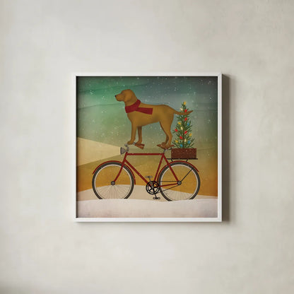 Yellow Lab on Bike Christmas by Ryan Fowler. Shown in a crisp white glass frame for a clean and minimalist style. Available as an archival giclee rolled canvas, fine art paper, or poster print. SKU 31274a.