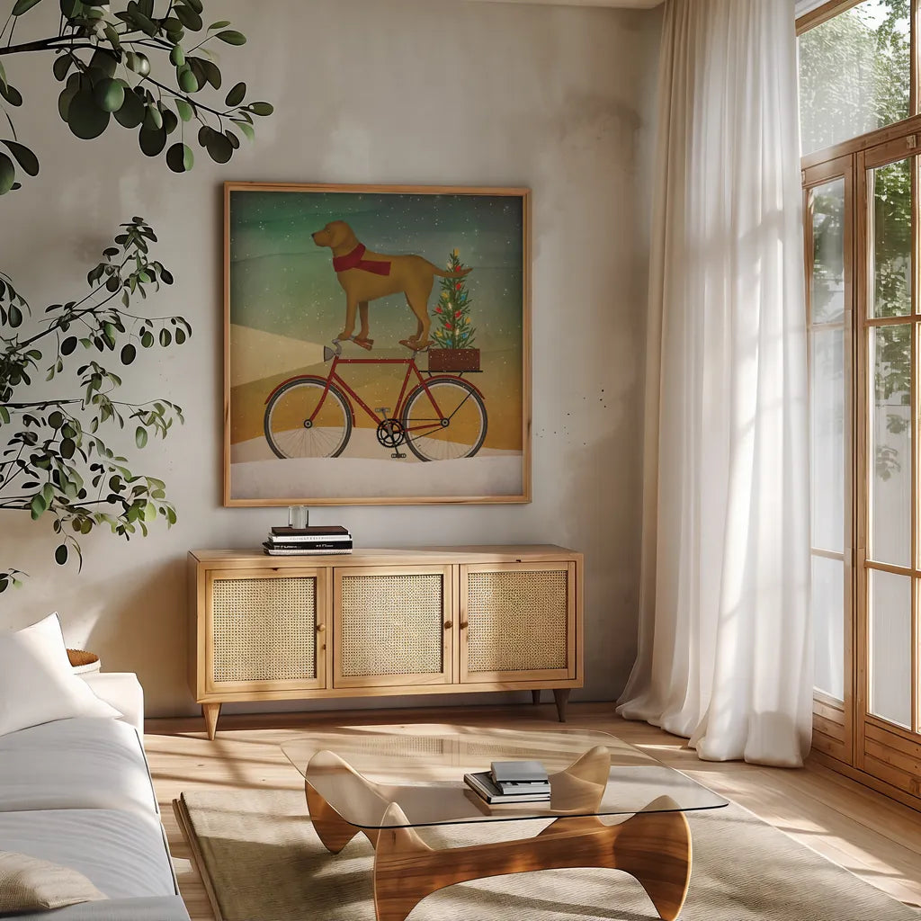 Yellow Lab on Bike Christmas by Ryan Fowler. Shown in a natural wood frame in a cozy modern living room. Available as an archival giclee rolled canvas, fine art paper, or poster print. SKU 31274a.