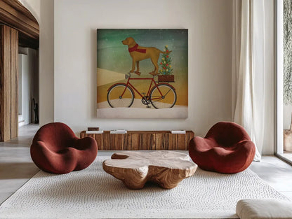Yellow Lab on Bike Christmas by Ryan Fowler. Shown as extra-large giant wall art in a modern living room. Available as an archival giclee rolled canvas, fine art paper, or poster print. SKU 31274a.