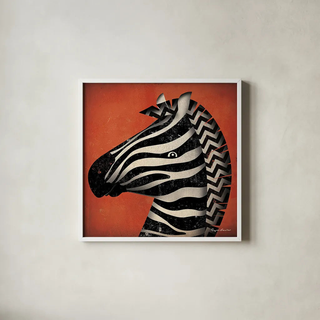 Zebra Wow by Ryan Fowler. Shown in a crisp white glass frame for a clean and minimalist style. Available as an archival giclee rolled canvas, fine art paper, or poster print. SKU 12205a.