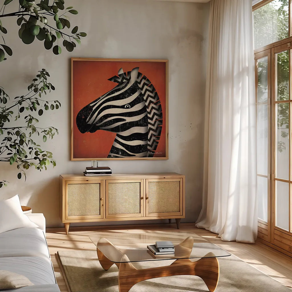 Zebra Wow by Ryan Fowler. Shown in a natural wood frame in a cozy modern living room. Available as an archival giclee rolled canvas, fine art paper, or poster print. SKU 12205a.