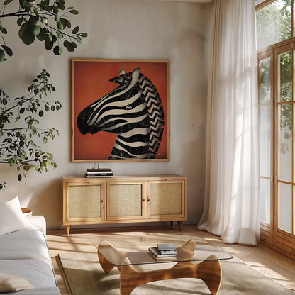 Zebra Wow by Ryan Fowler. Shown in a natural wood frame in a cozy modern living room. Available as an archival giclee rolled canvas, fine art paper, or poster print. SKU 12205a.