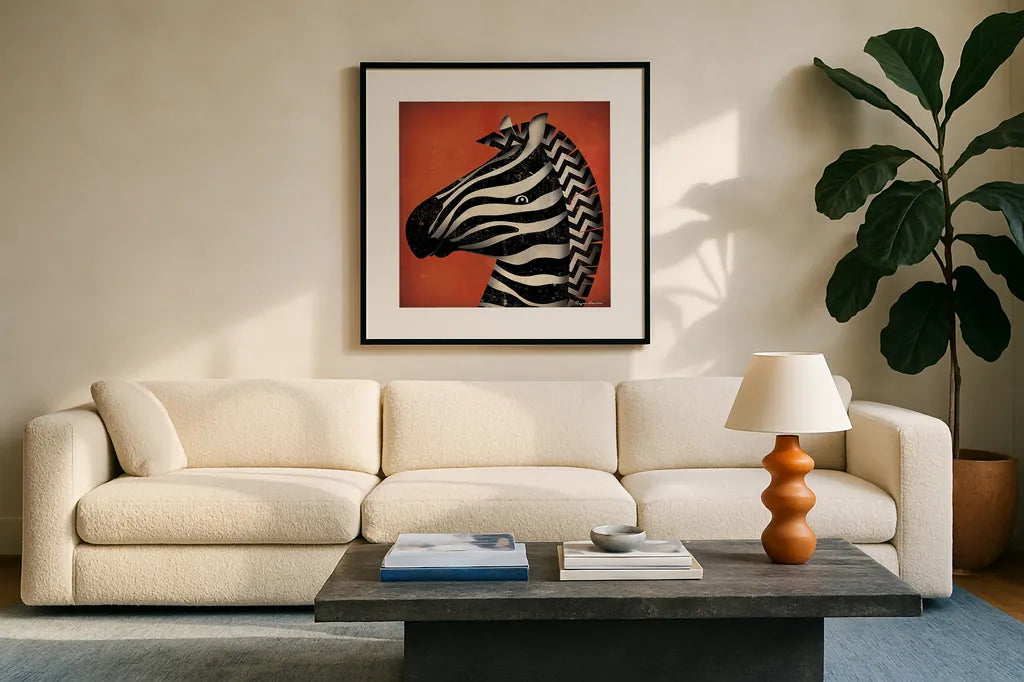 Zebra Wow by Ryan Fowler. Displayed in a glass frame with matte in a clean modern living room. Available as an archival giclee rolled canvas, fine art paper, or poster print. SKU 12205a.