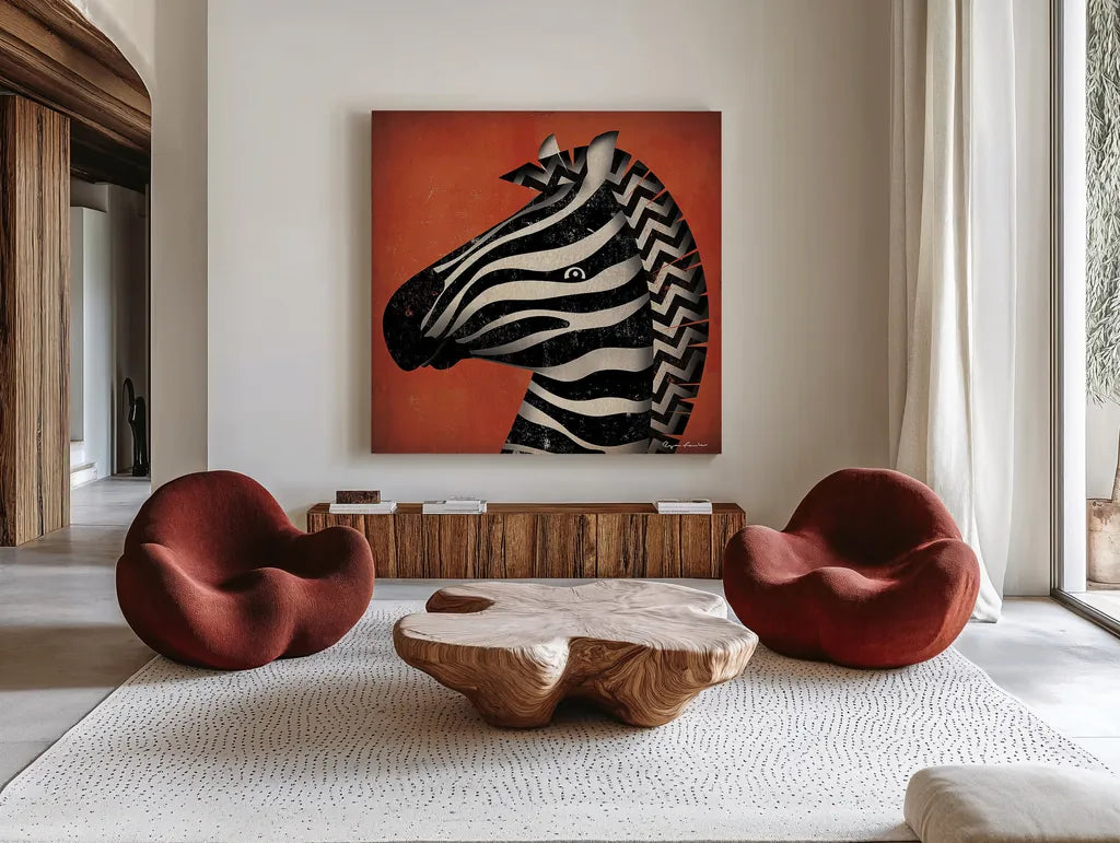 Zebra Wow by Ryan Fowler. Shown as extra-large giant wall art in a modern living room. Available as an archival giclee rolled canvas, fine art paper, or poster print. SKU 12205a.
