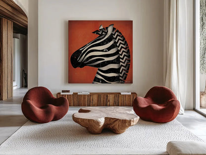 Zebra Wow by Ryan Fowler. Shown as extra-large giant wall art in a modern living room. Available as an archival giclee rolled canvas, fine art paper, or poster print. SKU 12205a.