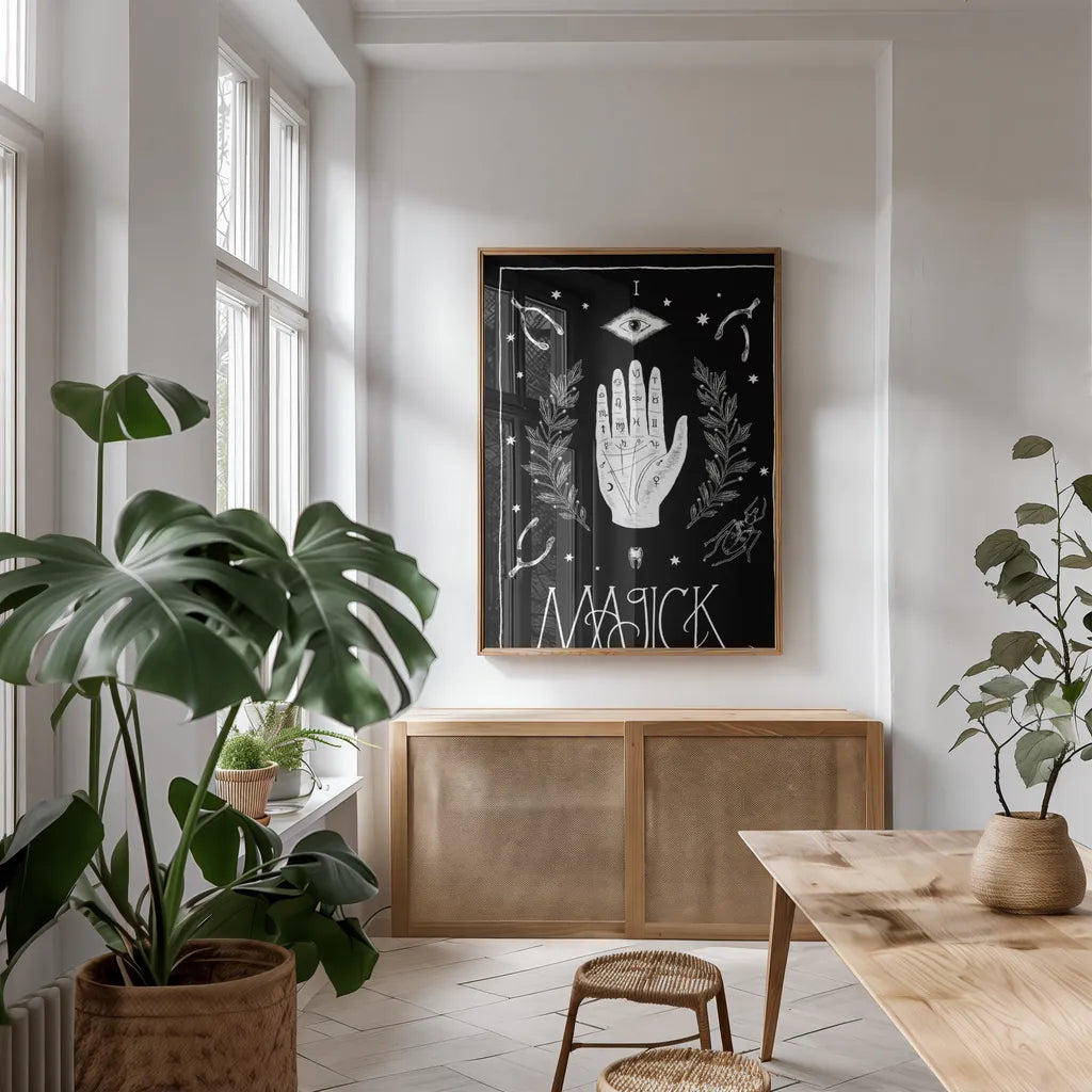 All Hallow's Eve I by Sara Zieve Miller. shown as a print in a natural wood frame in a dining room. Available as a archival giclee rolled canvas, fine art paper, or poster print. SKU 38876h.