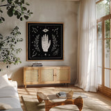 All Hallows Eve I Sq no Words by Sara Zieve Miller. Shown in a natural wood frame in a cozy modern living room. Available as an archival giclee rolled canvas, fine art paper, or poster print. SKU 51684a.