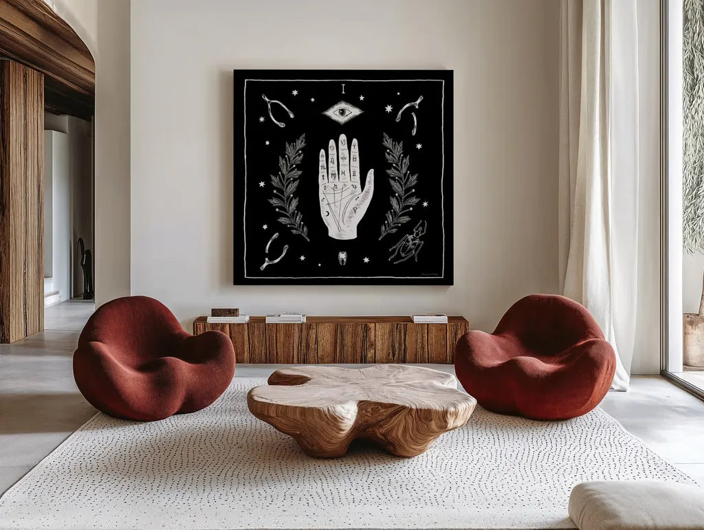 All Hallows Eve I Sq no Words by Sara Zieve Miller. Shown as extra-large giant wall art in a modern living room. Available as an archival giclee rolled canvas, fine art paper, or poster print. SKU 51684a.