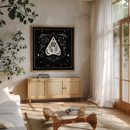 All Hallows Eve II Sq no Words by Sara Zieve Miller. Shown in a natural wood frame in a cozy modern living room. Available as an archival giclee rolled canvas, fine art paper, or poster print. SKU 51685a.