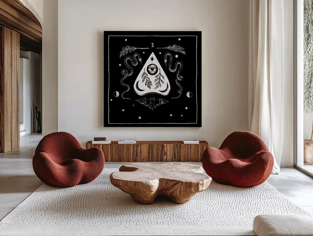 All Hallows Eve II Sq no Words by Sara Zieve Miller. Shown as extra-large giant wall art in a modern living room. Available as an archival giclee rolled canvas, fine art paper, or poster print. SKU 51685a.