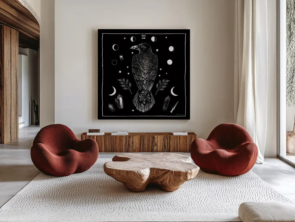 All Hallows Eve IV Sq no Words by Sara Zieve Miller. Shown as extra-large giant wall art in a modern living room. Available as an archival giclee rolled canvas, fine art paper, or poster print. SKU 51687a.