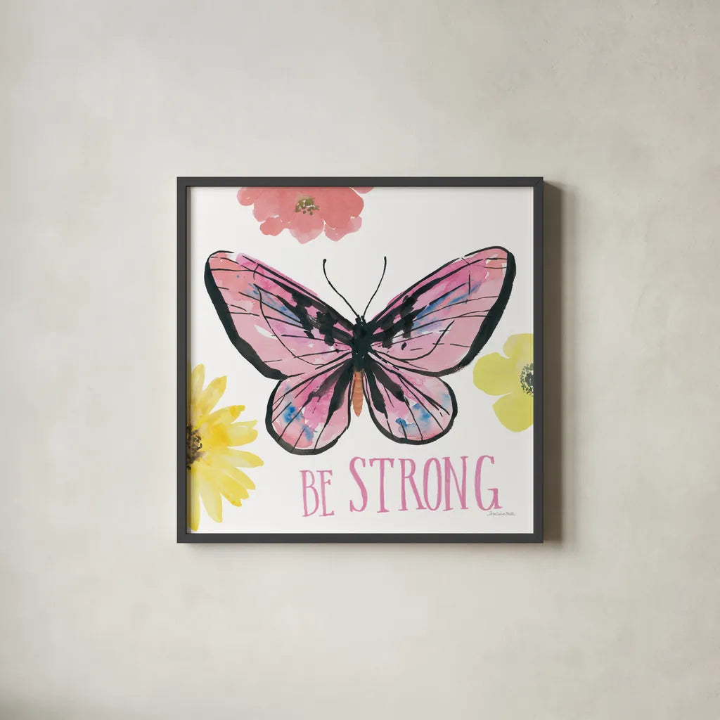 Beautiful Butterfly I Pink by Sara Zieve Miller. Shown in a sleek black glass frame for a contemporary gallery look. Available as an archival giclee rolled canvas, fine art paper, or poster print. SKU 66529a.