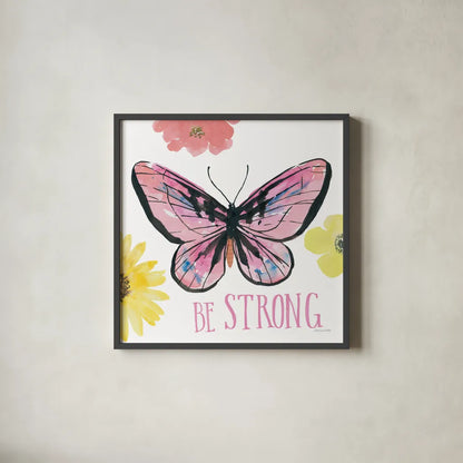 Beautiful Butterfly I Pink by Sara Zieve Miller. Shown in a sleek black glass frame for a contemporary gallery look. Available as an archival giclee rolled canvas, fine art paper, or poster print. SKU 66529a.