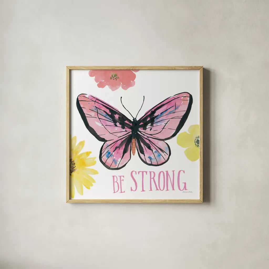 Beautiful Butterfly I Pink by Sara Zieve Miller. Shown in a natural wood glass frame for a timeless modern aesthetic. Available as an archival giclee rolled canvas, fine art paper, or poster print. SKU 66529a.