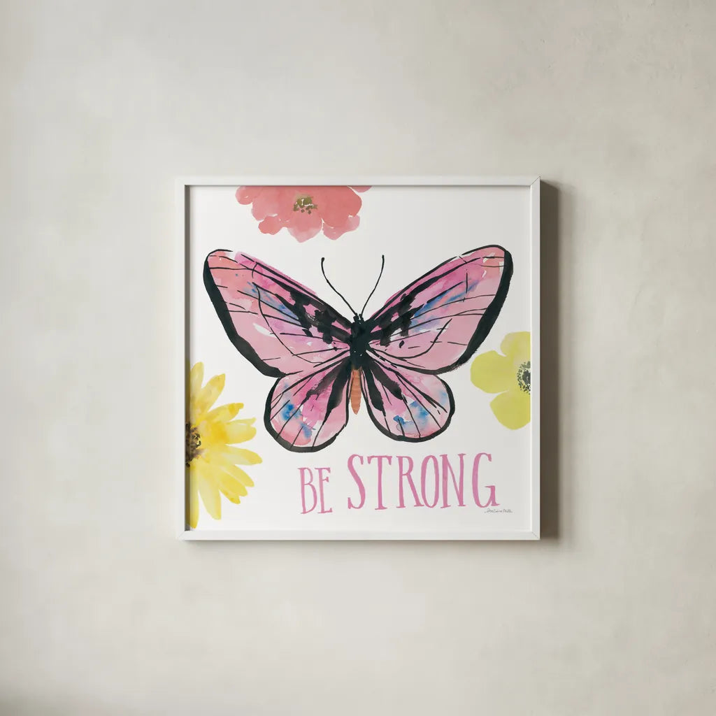 Beautiful Butterfly I Pink by Sara Zieve Miller. Shown in a crisp white glass frame for a clean and minimalist style. Available as an archival giclee rolled canvas, fine art paper, or poster print. SKU 66529a.