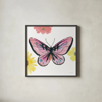 Beautiful Butterfly I Pink by Sara Zieve Miller. Shown in a sleek black glass frame for a contemporary gallery look. Available as an archival giclee rolled canvas, fine art paper, or poster print. SKU 69759a.