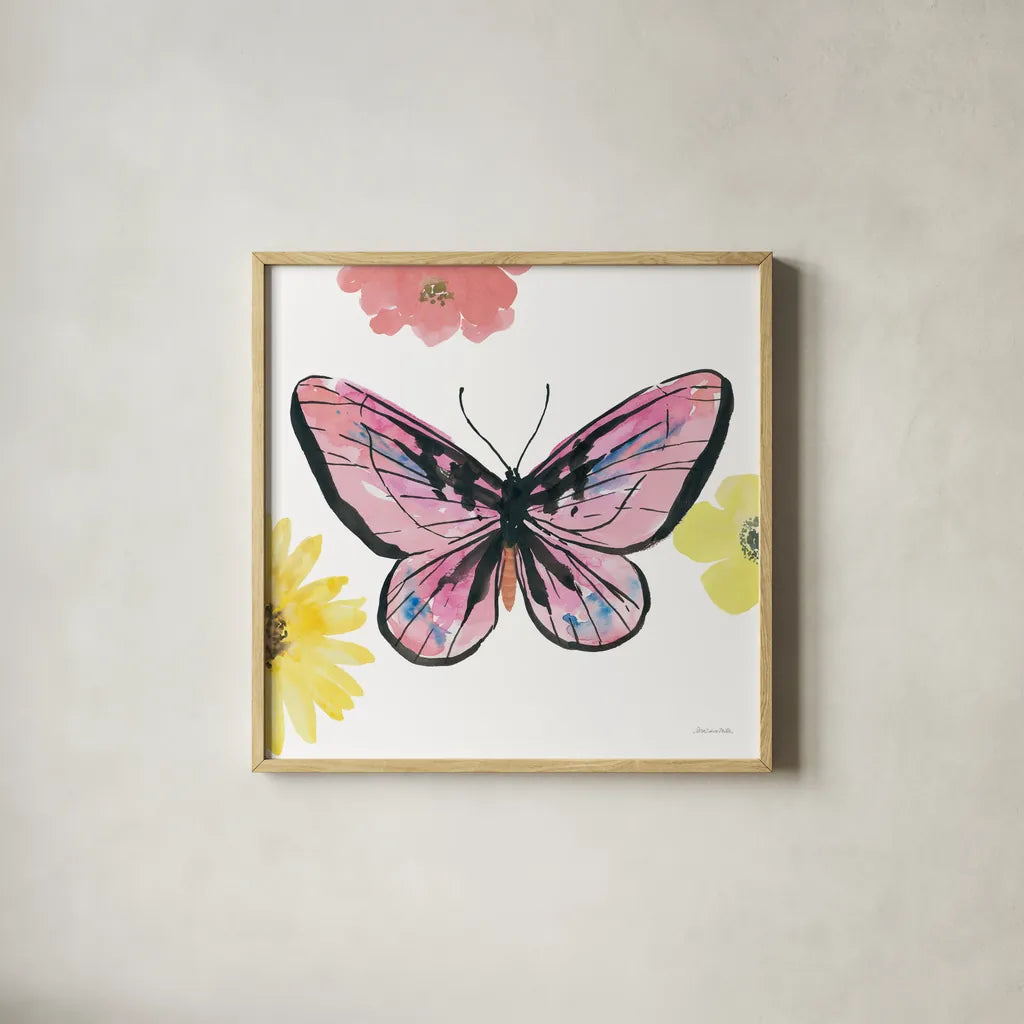 Beautiful Butterfly I Pink by Sara Zieve Miller. Shown in a natural wood glass frame for a timeless modern aesthetic. Available as an archival giclee rolled canvas, fine art paper, or poster print. SKU 69759a.