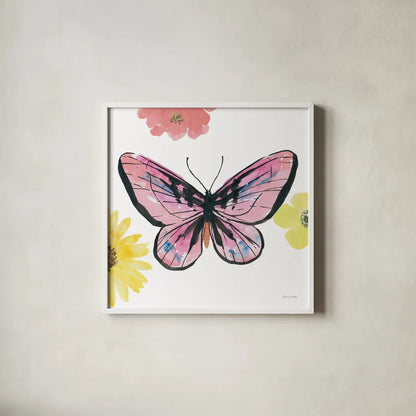 Beautiful Butterfly I Pink by Sara Zieve Miller. Shown in a crisp white glass frame for a clean and minimalist style. Available as an archival giclee rolled canvas, fine art paper, or poster print. SKU 69759a.