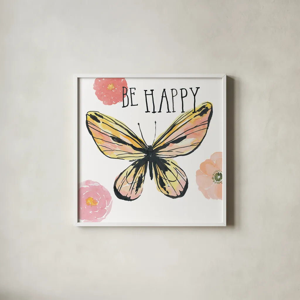 Beautiful Butterfly II by Sara Zieve Miller. Shown in a crisp white glass frame for a clean and minimalist style. Available as an archival giclee rolled canvas, fine art paper, or poster print. SKU 27320a.
