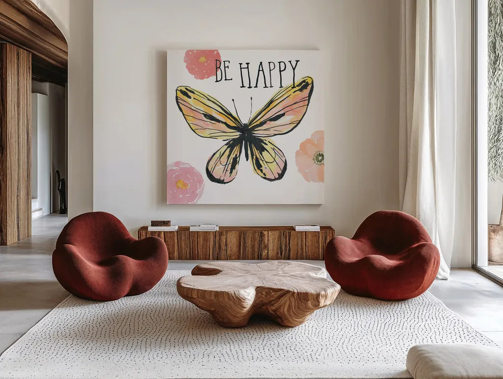 Beautiful Butterfly II by Sara Zieve Miller. Shown as extra-large giant wall art in a modern living room. Available as an archival giclee rolled canvas, fine art paper, or poster print. SKU 27320a.