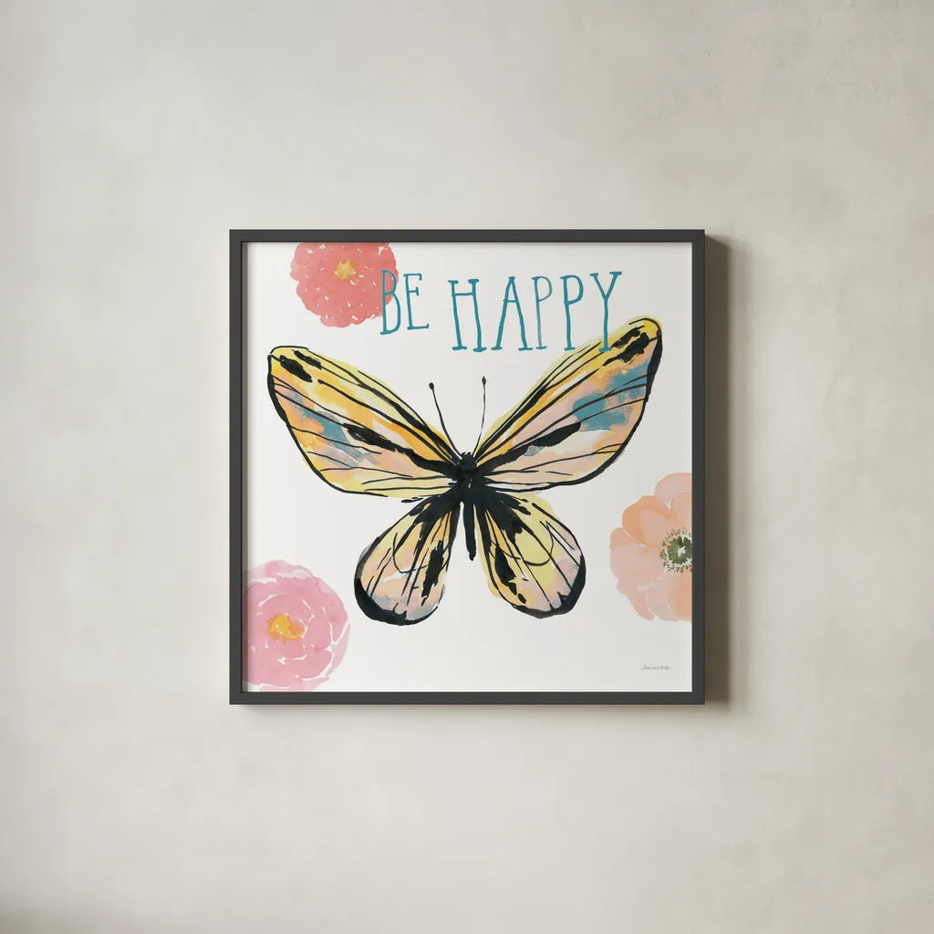 Beautiful Butterfly II Teal by Sara Zieve Miller. Shown in a sleek black glass frame for a contemporary gallery look. Available as an archival giclee rolled canvas, fine art paper, or poster print. SKU 66530a.