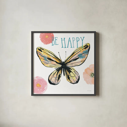 Beautiful Butterfly II Teal by Sara Zieve Miller. Shown in a sleek black glass frame for a contemporary gallery look. Available as an archival giclee rolled canvas, fine art paper, or poster print. SKU 66530a.