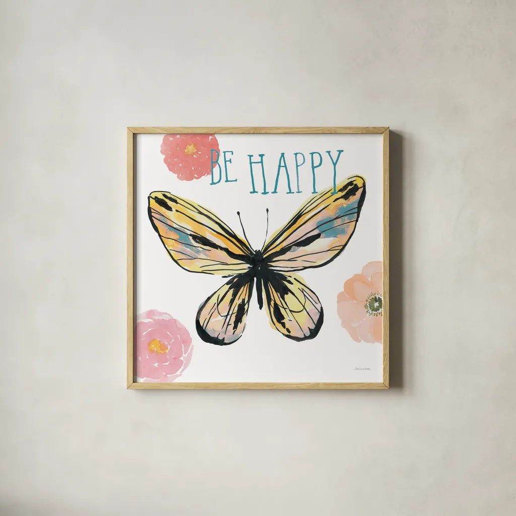 Beautiful Butterfly II Teal by Sara Zieve Miller. Shown in a natural wood glass frame for a timeless modern aesthetic. Available as an archival giclee rolled canvas, fine art paper, or poster print. SKU 66530a.