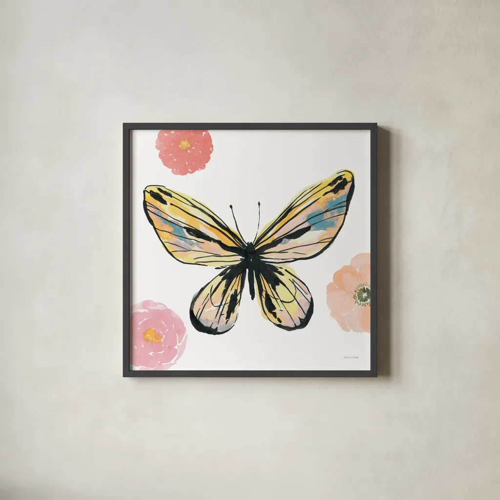 Beautiful Butterfly II Teal No Words by Sara Zieve Miller. Shown in a sleek black glass frame for a contemporary gallery look. Available as an archival giclee rolled canvas, fine art paper, or poster print. SKU 69760a.