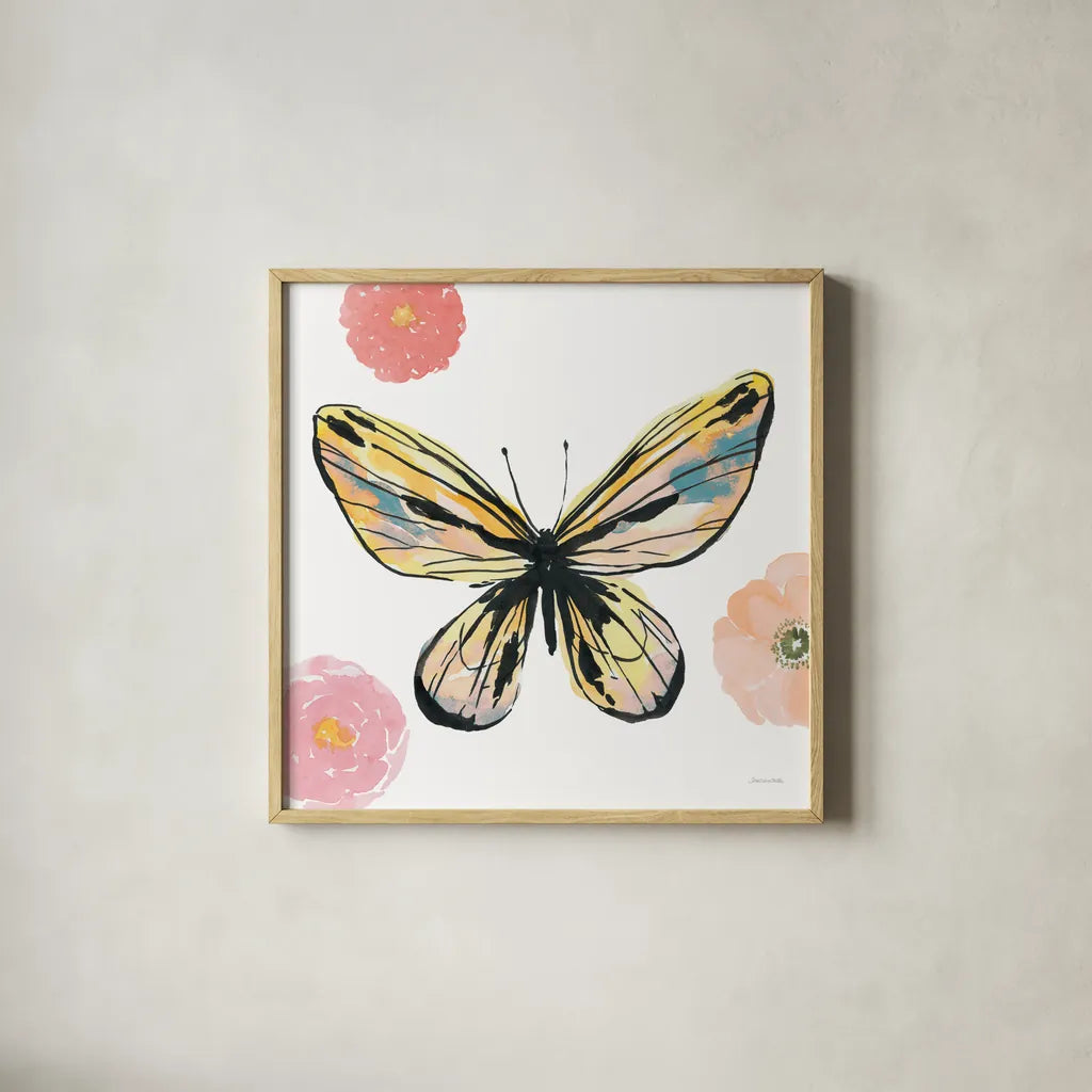 Beautiful Butterfly II Teal No Words by Sara Zieve Miller. Shown in a natural wood glass frame for a timeless modern aesthetic. Available as an archival giclee rolled canvas, fine art paper, or poster print. SKU 69760a.
