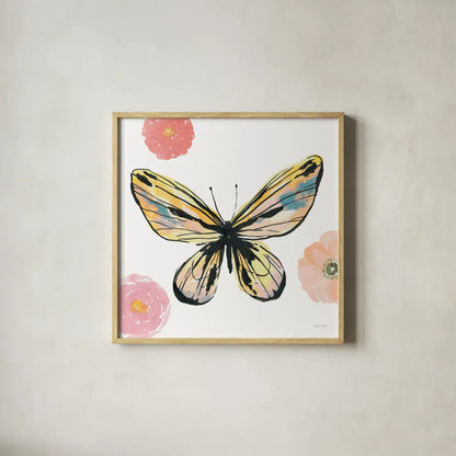 Beautiful Butterfly II Teal No Words by Sara Zieve Miller. Shown in a natural wood glass frame for a timeless modern aesthetic. Available as an archival giclee rolled canvas, fine art paper, or poster print. SKU 69760a.
