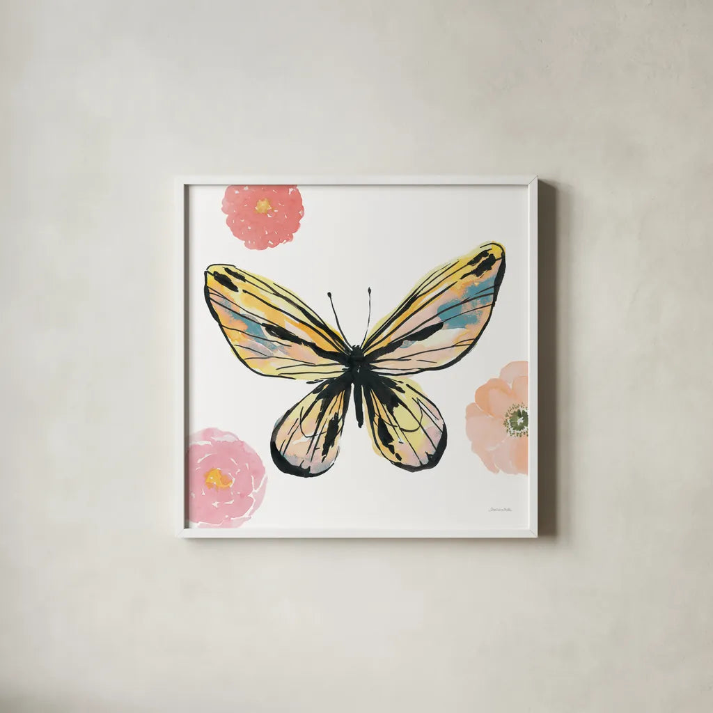 Beautiful Butterfly II Teal No Words by Sara Zieve Miller. Shown in a crisp white glass frame for a clean and minimalist style. Available as an archival giclee rolled canvas, fine art paper, or poster print. SKU 69760a.