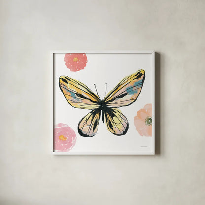 Beautiful Butterfly II Teal No Words by Sara Zieve Miller. Shown in a crisp white glass frame for a clean and minimalist style. Available as an archival giclee rolled canvas, fine art paper, or poster print. SKU 69760a.